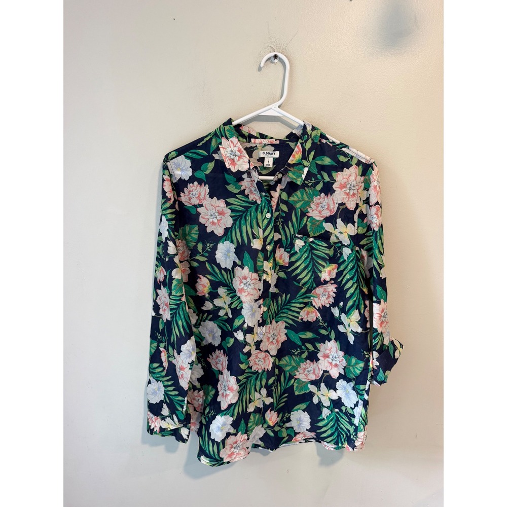 Old Navy Womens Large Navy Blue Tropical Floral Cotton Button Down Shirt L